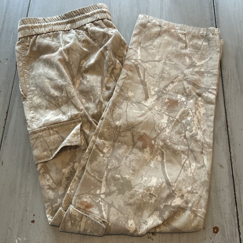 Esc Tan Camo Pull On Cargo Pants Men’s Sz M Maple Leaves Trees